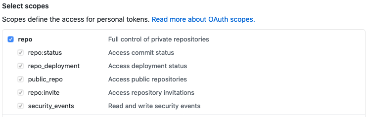Personal access token with full control of private repositories
